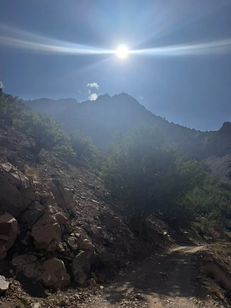 Sun flaring over a mountain trail